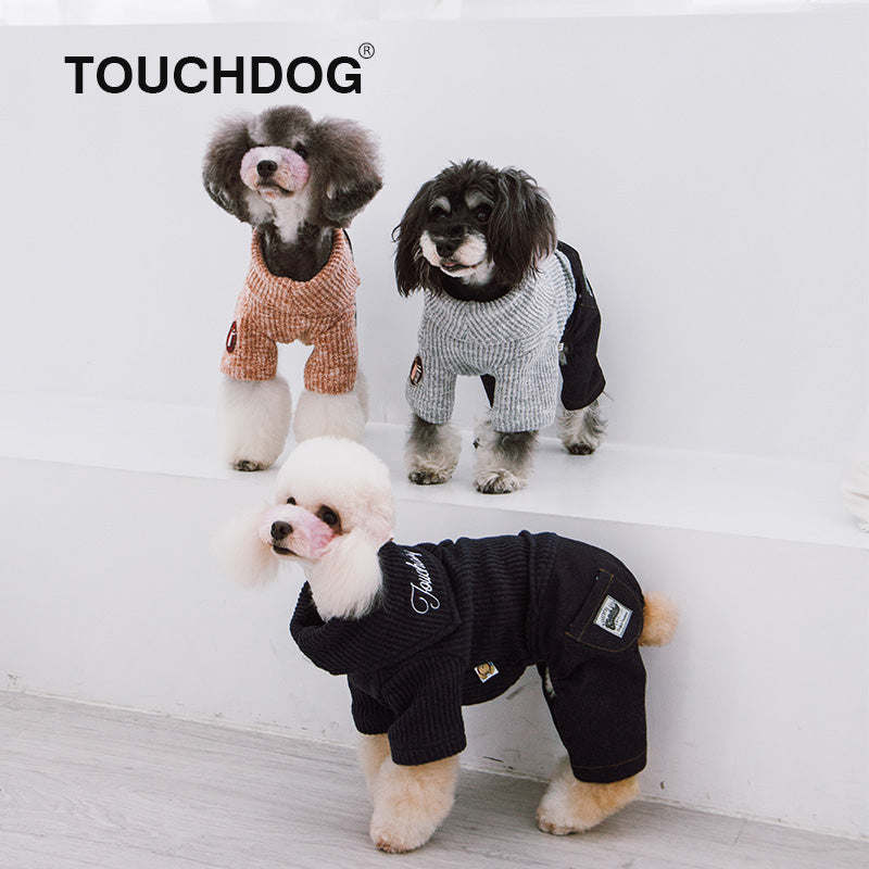 The Touchdog Vogue Neck-Wrap Sweater and Denim Pant Outfit is a trendy and adjustable dog outfit with embroidered details and a tailored fit. - Wolldi