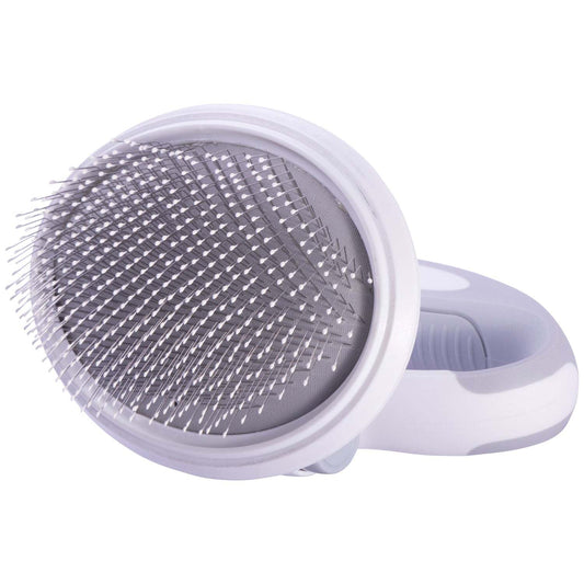 The Pet Life 'Gyrater' Travel Swivel Pet Brush is compact and perfect for travel, featuring customizable grip options and gentle, flexible bristles. - Wolldi