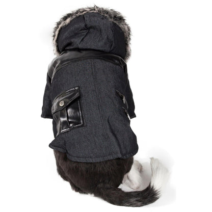 Denim Wool Pet Coat with Faux Fur Hood