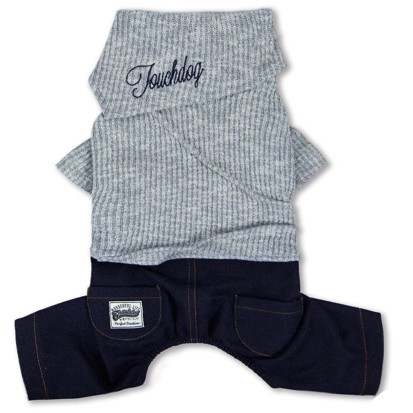 The Touchdog Vogue Neck-Wrap Sweater and Denim Pant Outfit is a trendy and adjustable dog outfit with embroidered details and a tailored fit. - Wolldi