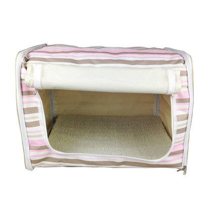 Foldable pet crate with wire frame and zippered access. Transport