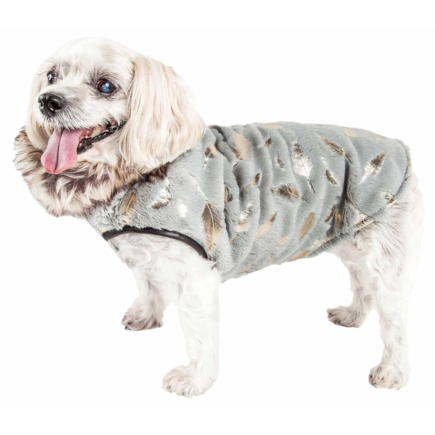 Luxurious designer dog jacket with gold-leaf pattern, ultra-soft lining, and convenient Velcro closure. - Wolldi