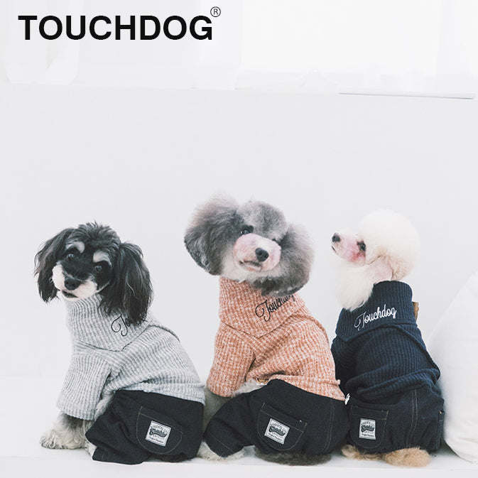 The Touchdog Vogue Neck-Wrap Sweater and Denim Pant Outfit is a trendy and adjustable dog outfit with embroidered details and a tailored fit. - Wolldi