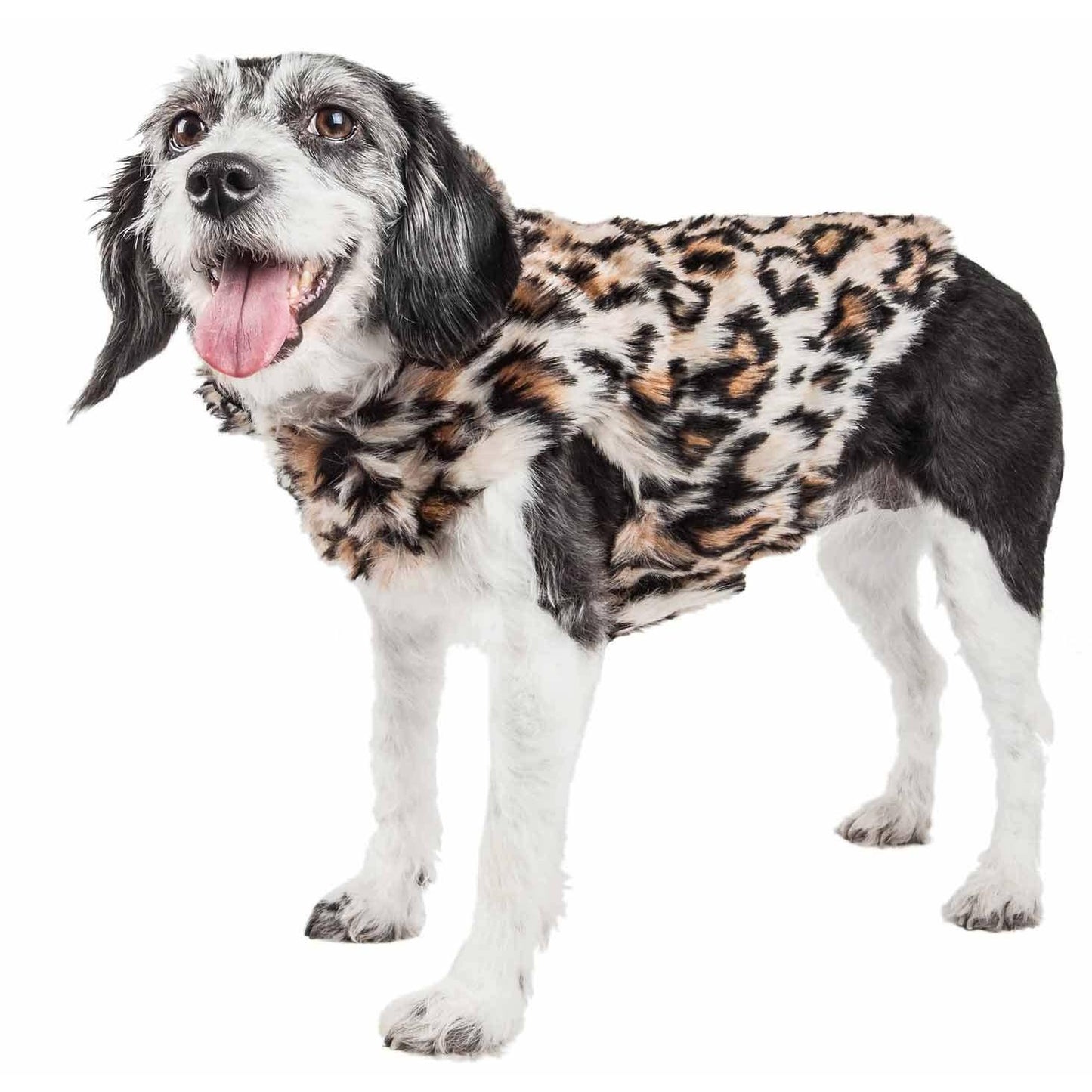 Pet Life Luxe 'Lab-Pard' Mink Fur Dog Coat features trendy leopard pattern, velcro closure, leash slit, and multiple sizes. - Wolldi