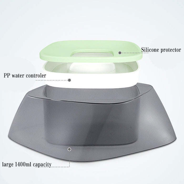 Spill-proof pet water bowl with floating splash guard. Dishes