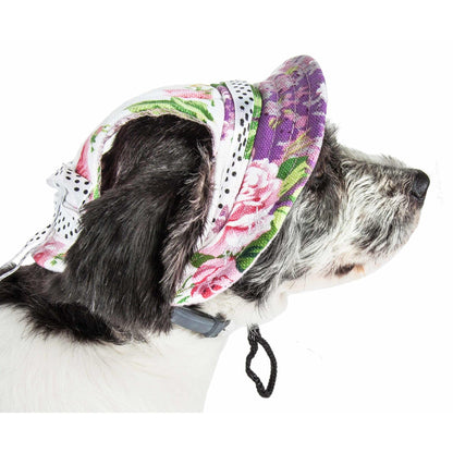 Pet Life 'Botanic Bark' Floral UV Protectant Adjustable Fashion Canopy Brimmed Dog Hat Cap provides stylish UV protection for dogs. - Wolldi