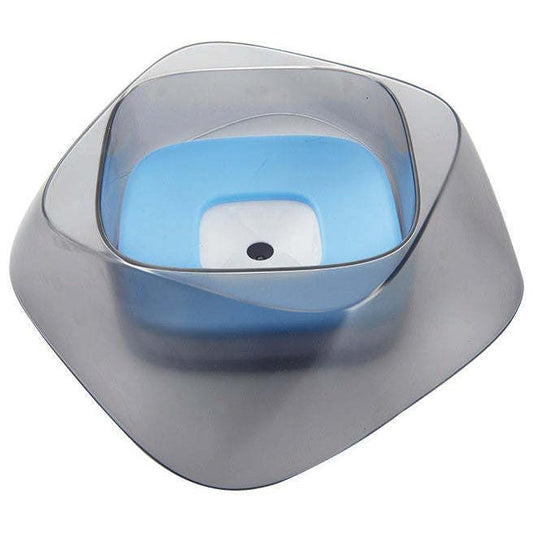 Spill-proof pet water bowl with floating splash guard. Dishes