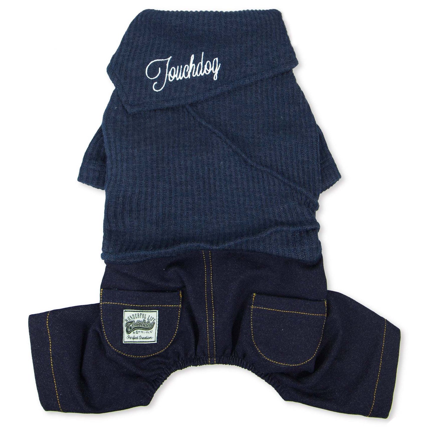 The Touchdog Vogue Neck-Wrap Sweater and Denim Pant Outfit is a trendy and adjustable dog outfit with embroidered details and a tailored fit. - Wolldi