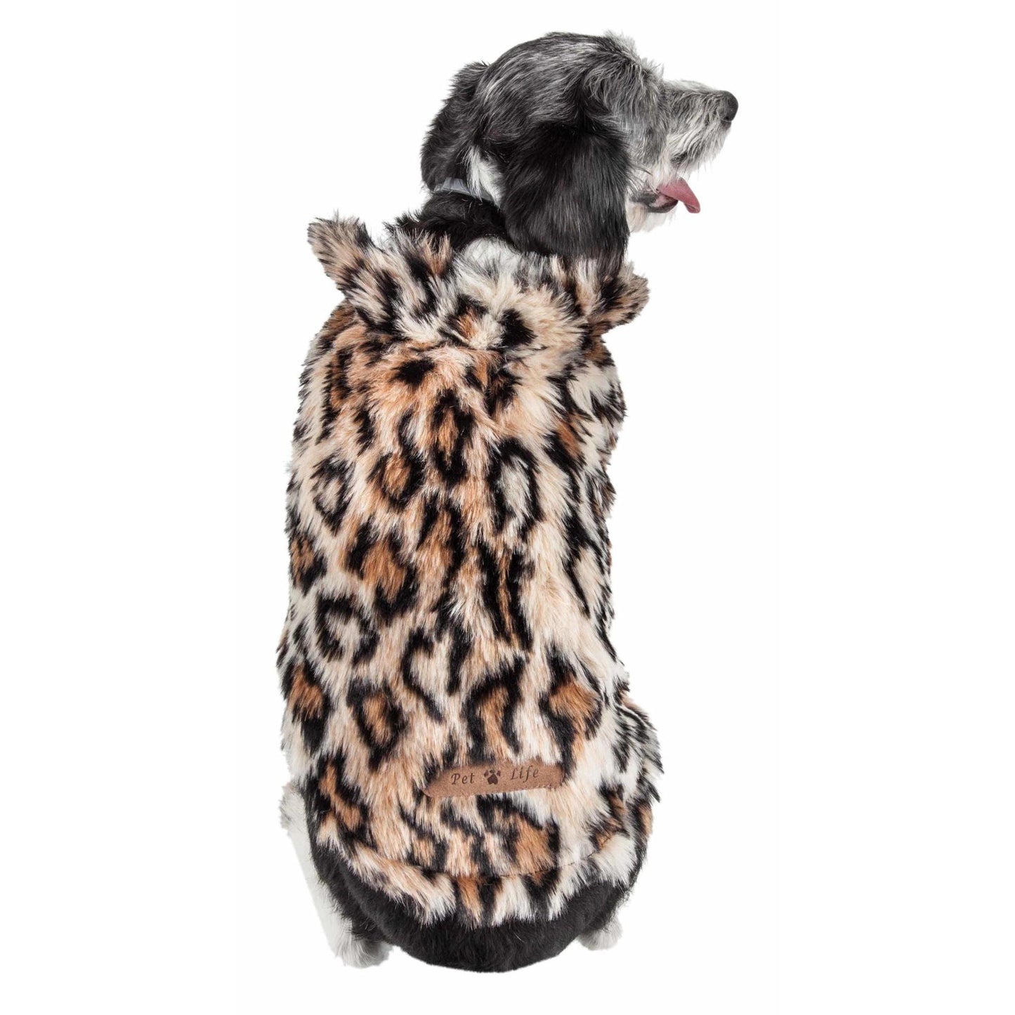 Pet Life Luxe 'Lab-Pard' Mink Fur Dog Coat features trendy leopard pattern, velcro closure, leash slit, and multiple sizes. - Wolldi