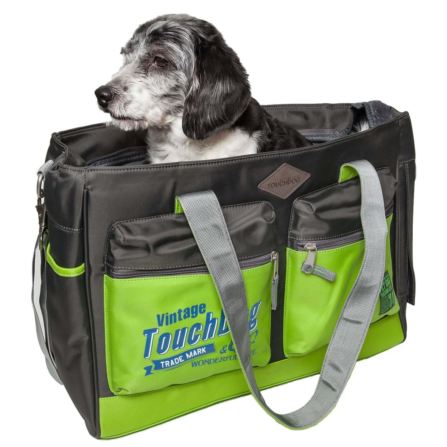 Waterproof dog carrier with pockets and mesh window. Transport