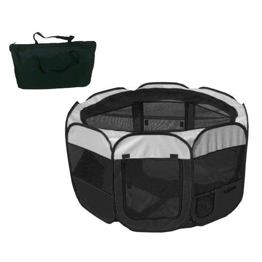 Lightweight portable pet playpen with antimicrobial floor.