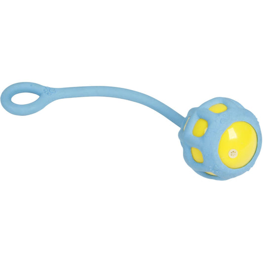 The 'Tug-O-Warp' dog toy features a durable rubber material, squeaking ball, and tugging handle. - Wolldi