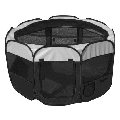 Lightweight portable pet playpen with antimicrobial floor.