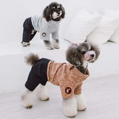 The Touchdog Vogue Neck-Wrap Sweater and Denim Pant Outfit is a trendy and adjustable dog outfit with embroidered details and a tailored fit. - Wolldi