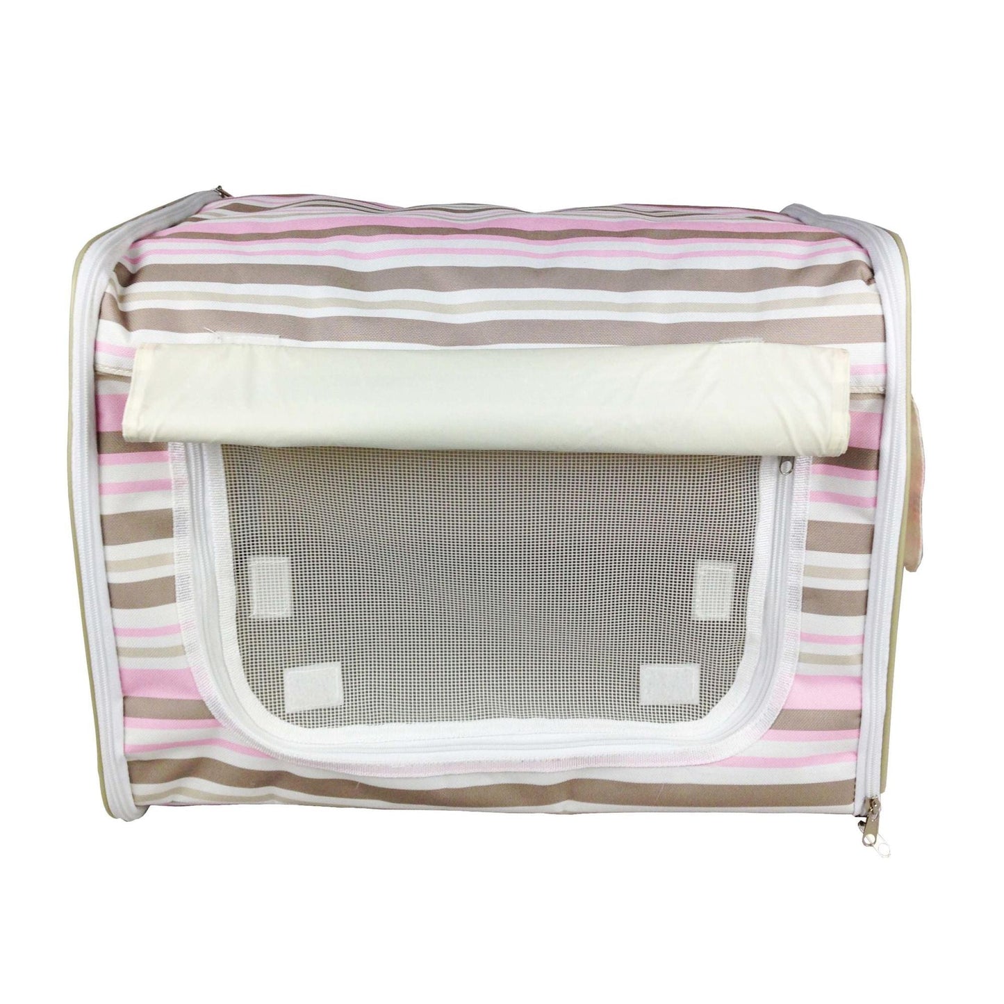 Foldable pet crate with wire frame and zippered access. Transport