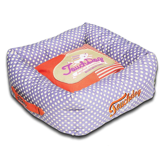 Stylish washable dog bed in polka-striped design.