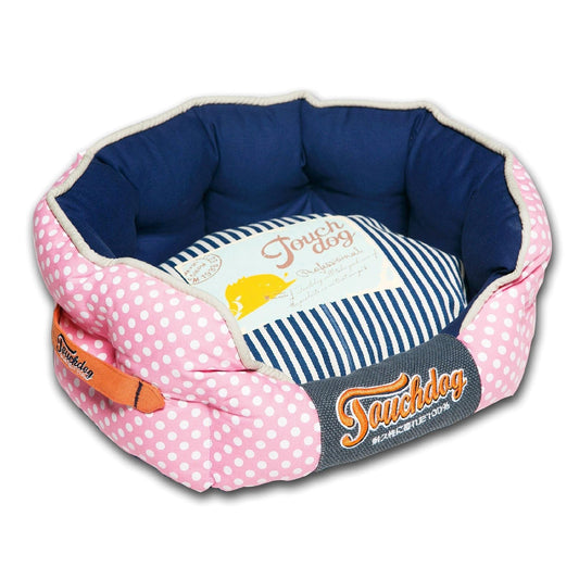 Stylish polka-striped dog bed with plush filling and carrying handle.