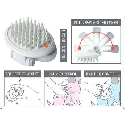 The Pet Life 'Gyrater' Swivel Travel Silicone Massage Brush is compact and perfect for travel, with customizable grip settings and soft silicone bristles for massaging and bathing. Suitable for all hair lengths. - Wolldi