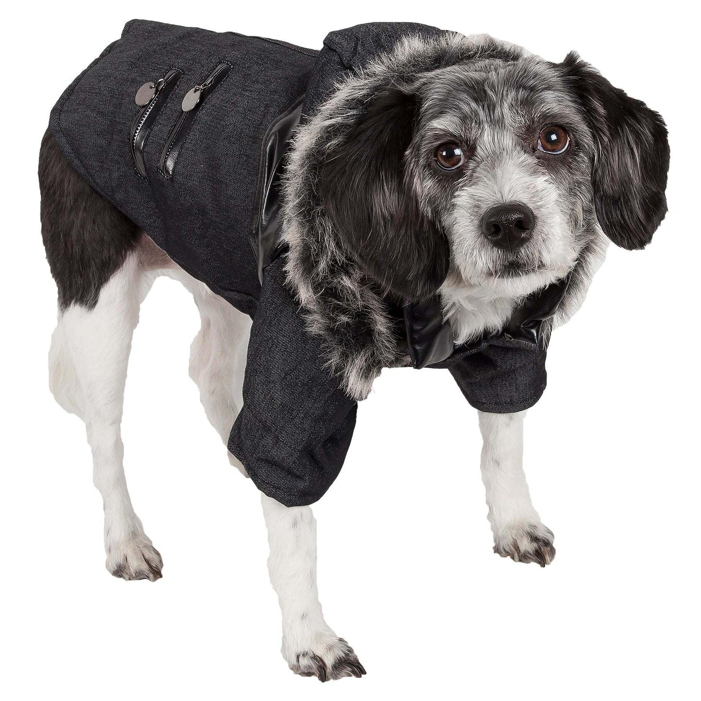 Denim Wool Pet Coat with Faux Fur Hood