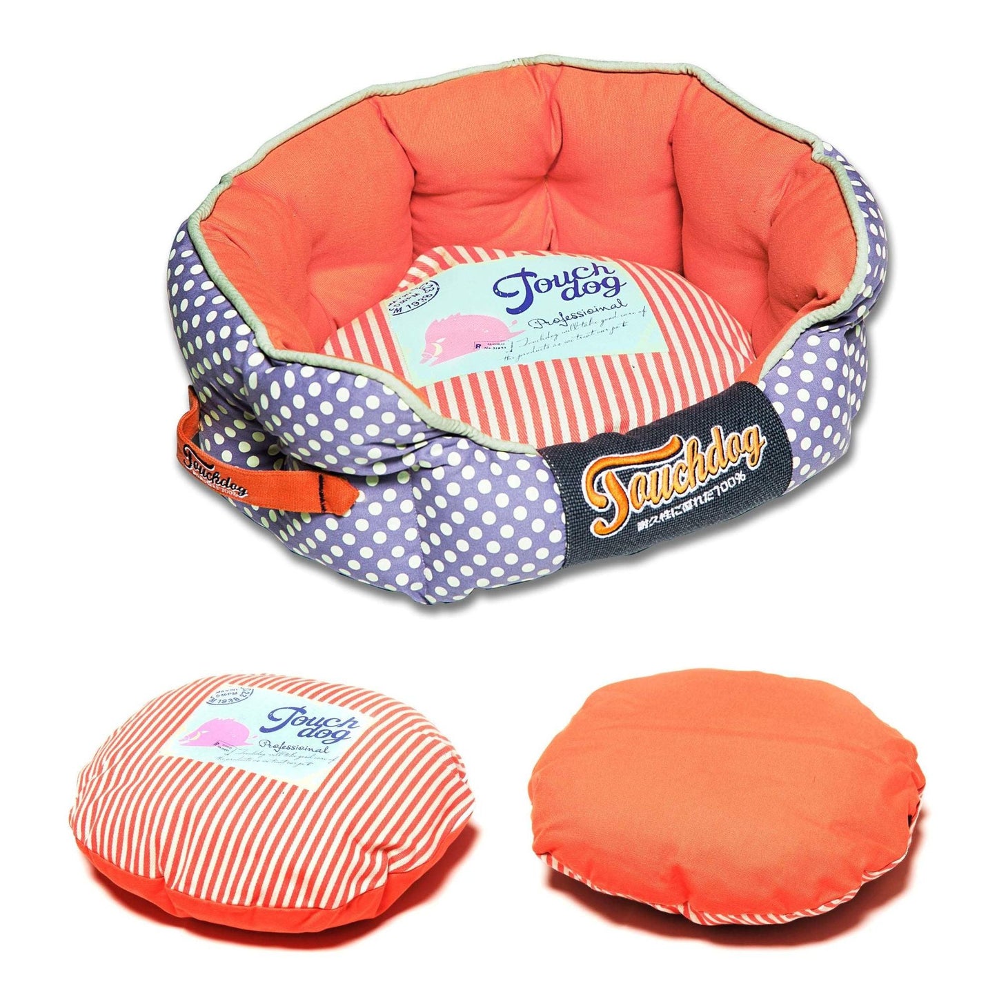 Polka-striped reversible dog bed with carrying handle.