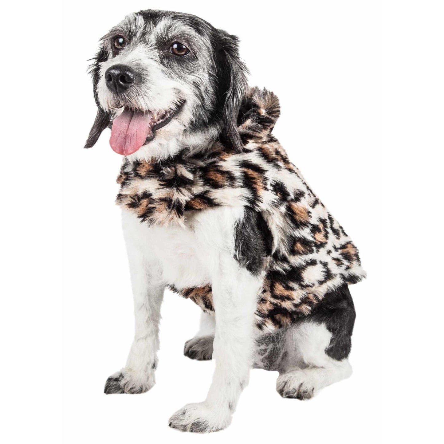 Pet Life Luxe 'Lab-Pard' Mink Fur Dog Coat features trendy leopard pattern, velcro closure, leash slit, and multiple sizes. - Wolldi