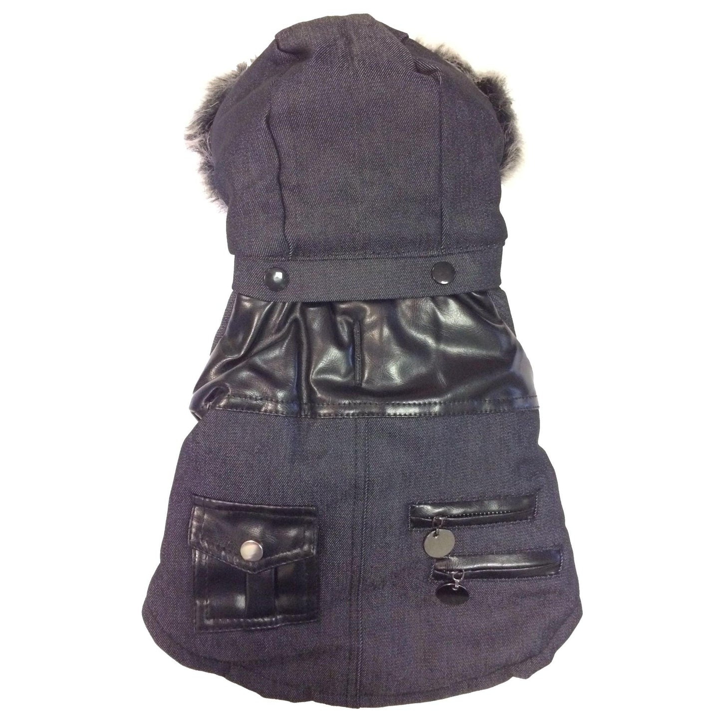 Denim Wool Pet Coat with Faux Fur Hood