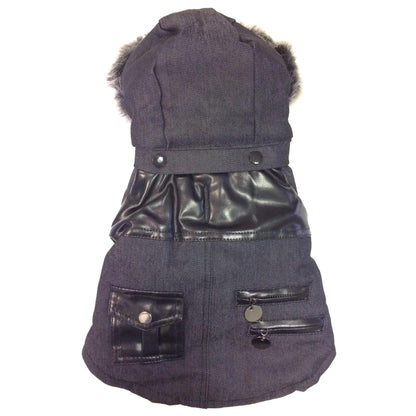 Denim Wool Pet Coat with Faux Fur Hood