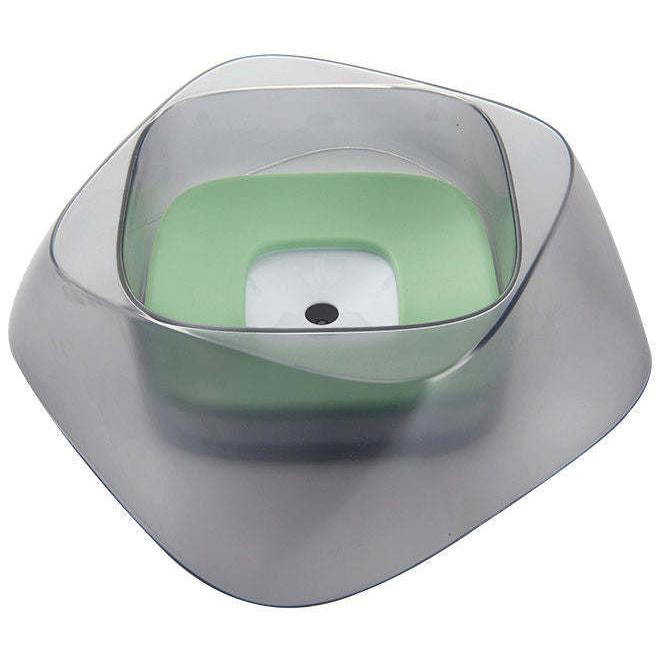 Spill-proof pet water bowl with floating splash guard. Dishes