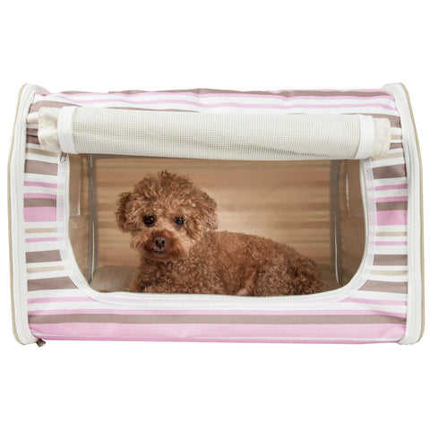 Foldable pet crate with wire frame and zippered access. Transport