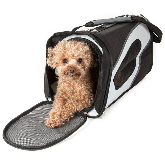 Collapsible pet carrier with storage and breathable mesh. Transport