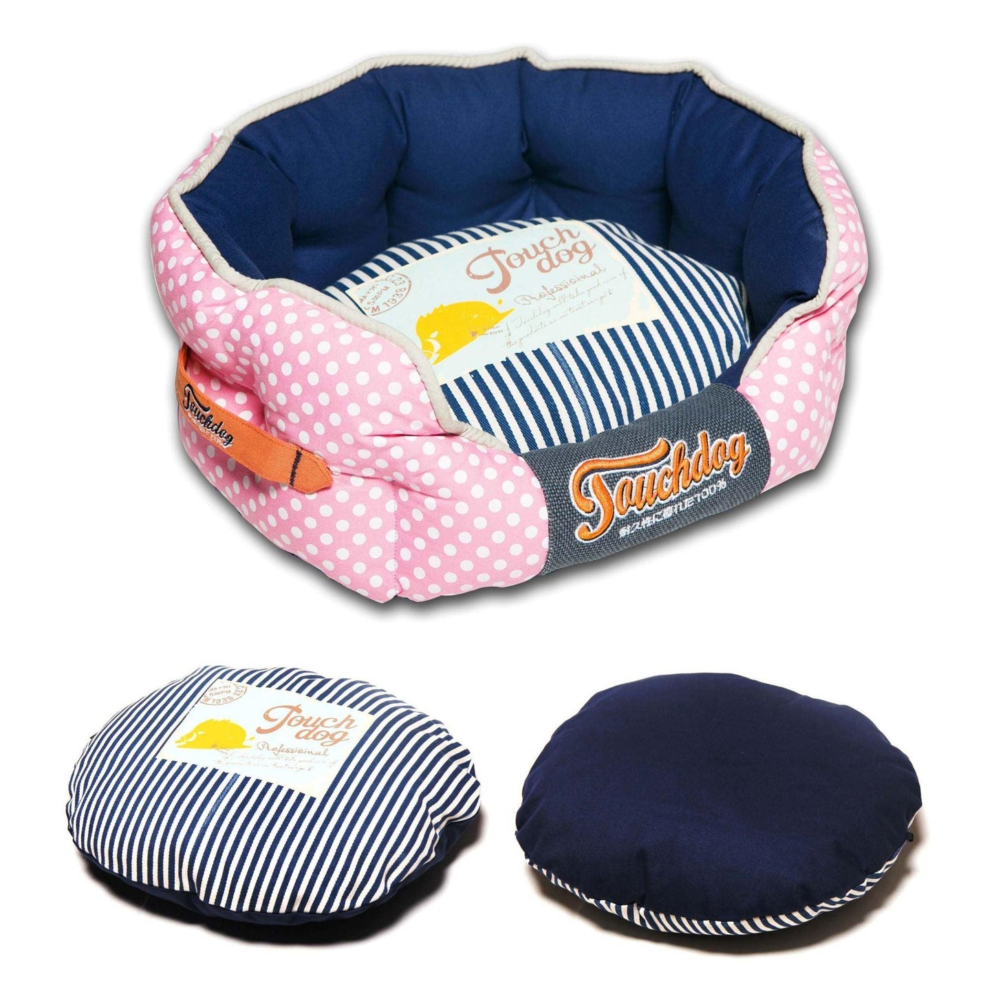 Stylish polka-striped dog bed with plush filling and carrying handle.