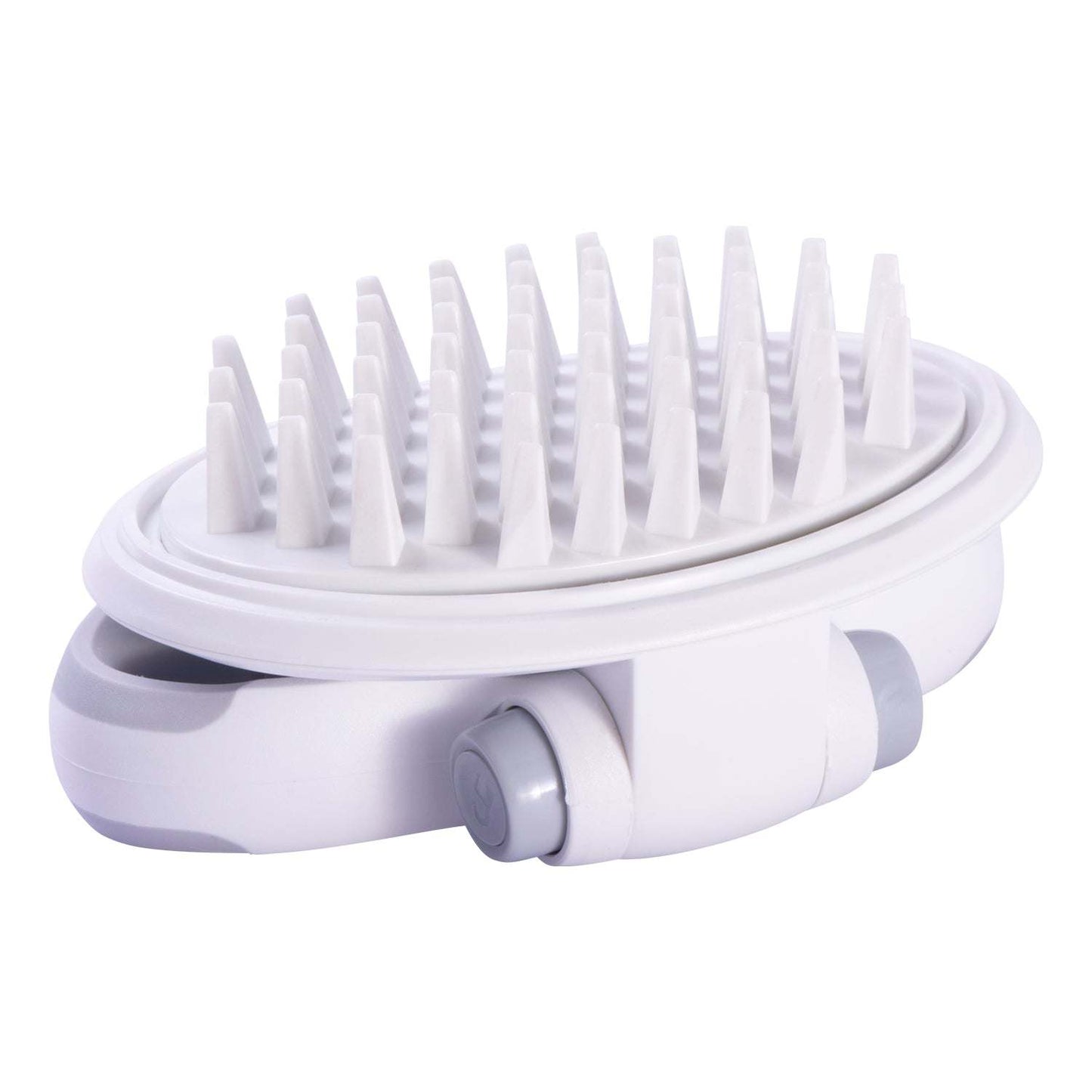 The Pet Life 'Gyrater' Swivel Travel Silicone Massage Brush is compact and perfect for travel, with customizable grip settings and soft silicone bristles for massaging and bathing. Suitable for all hair lengths. - Wolldi