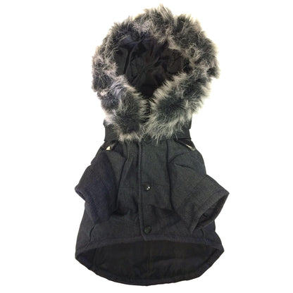 Denim Wool Pet Coat with Faux Fur Hood