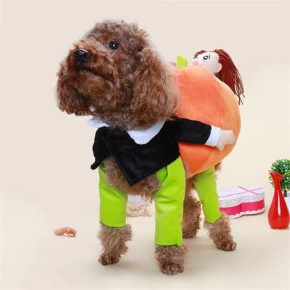 The Pet Life 'Pumpkin Mon' Halloween Pet Dog Costume is a hilarious illusion costume featuring a person and pet carrying a pumpkin. Convenient and machine washable. - Wolldi