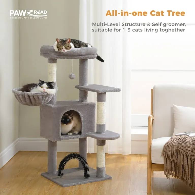 PAWZ Road 42 in Cat Tree Condo with Perch, Hammock, Scratching Posts and Grooming Toy, Light Gray