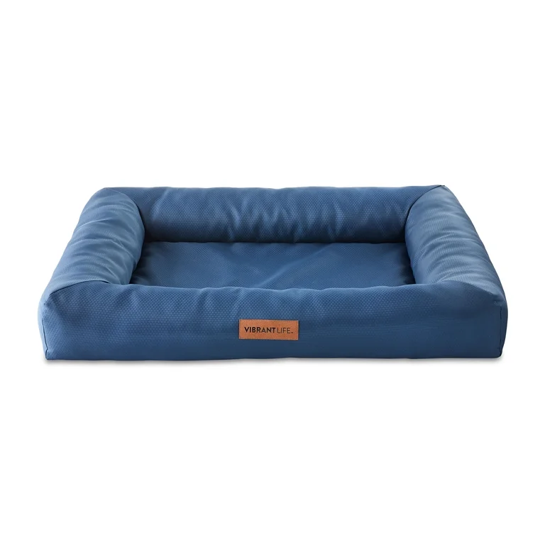 Vibrant Life Small Orthopedic Bolster Dog Bed, Blue, 23 x 28 in