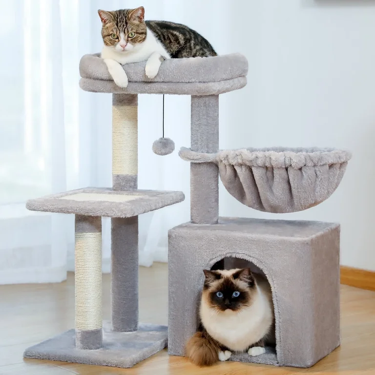 PAWZ Road 28 in Small Cat Tree Tower Cat Condo with Perch and Scratching Post, Gray