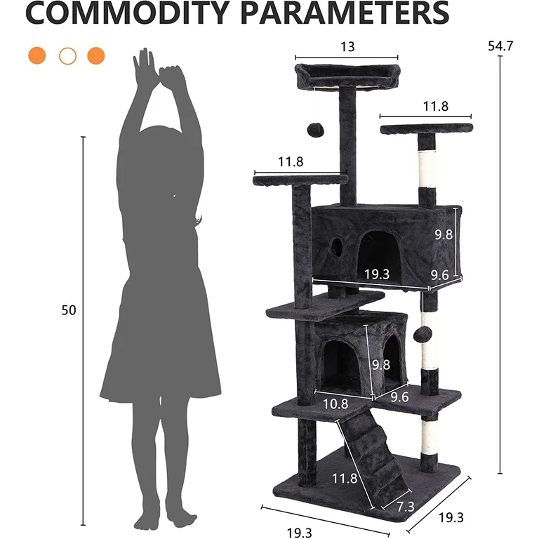 Bestpet 54 in Dark Gray Cat Tree Tower with Scratch Posts Condo and Toys for Active Cats