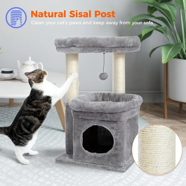 PAWZ Road 27 in Cat Tree Condo with Large Top Perch and Scratching Posts, Gray