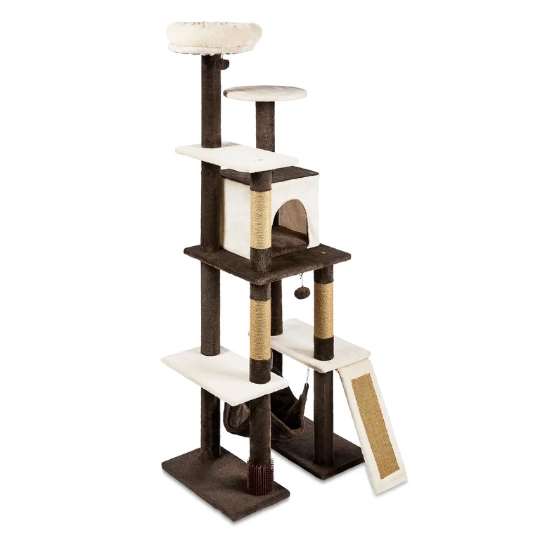Vibrant Life 7-Level 65 in Multi-Functional Cat Tree Activity Tower with Hammock, Brown & Cream